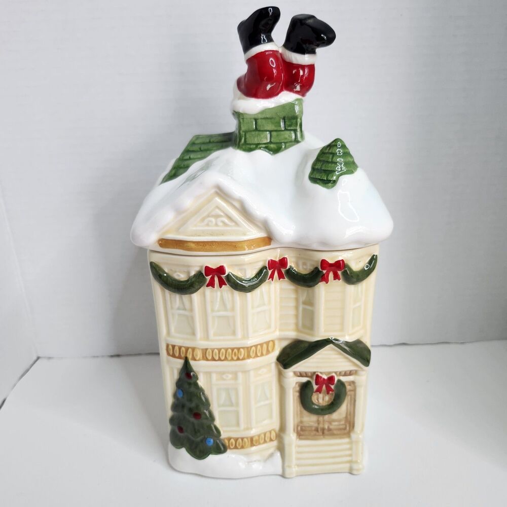 Vintage HOMCO Christmas Cookie Jar Victorian House Santa Stuck in Chimney 1990